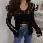 Damen Strickjacke mit modernem Schnürdesign und feinen Lochmustern R&B