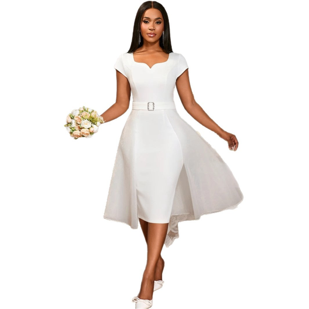 Damen A-Linien Kleid mit tailliertem Gürtel und elegantem Herzausschnitt R&B