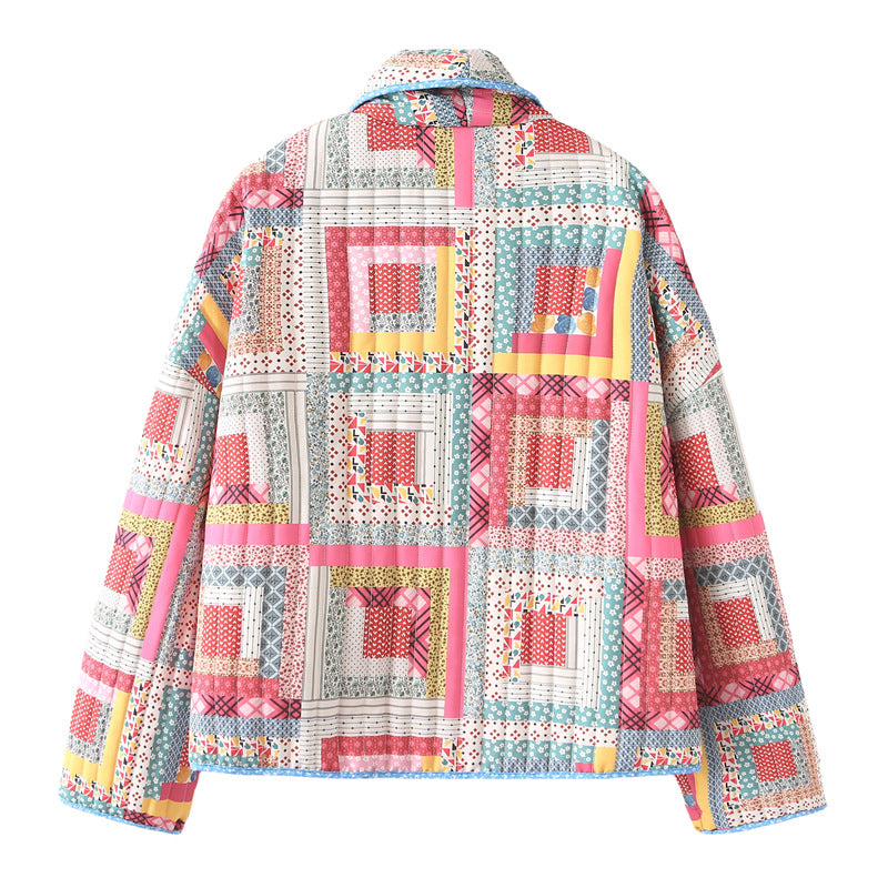 Damen gesteppte Patchwork-Jacke mit buntem Design und praktischen Taschen R&B