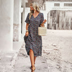 Damen Midi-Kleid mit Floralem Muster und Verspieltem V-Ausschnitt R&B