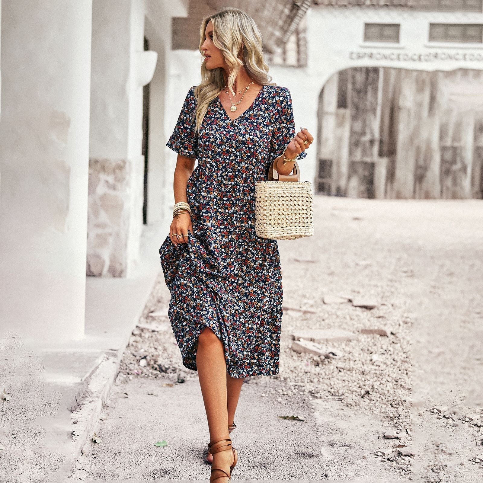Damen Midikleid mit floralem Muster und A-Linien-Schnitt R&B
