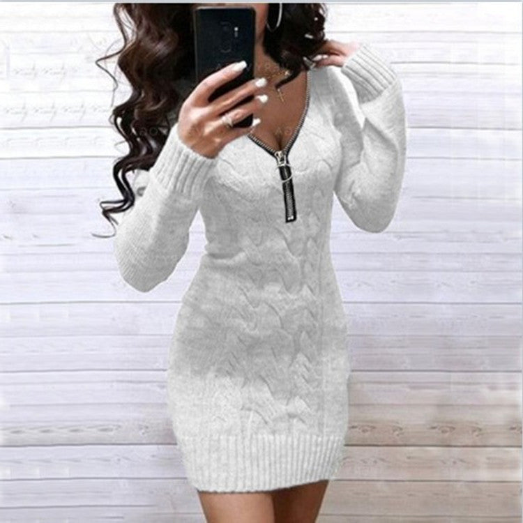 Damen Strickkleid mit tiefem V-Ausschnitt und dekorativem Reißverschluss R&B