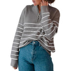 Damen lässiger Pullover mit kurzem Reißverschluss und Streifenmuster R&B