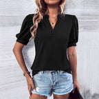 Damen elegantes Blusenshirt mit Puffärmel und V-Ausschnitt R&B