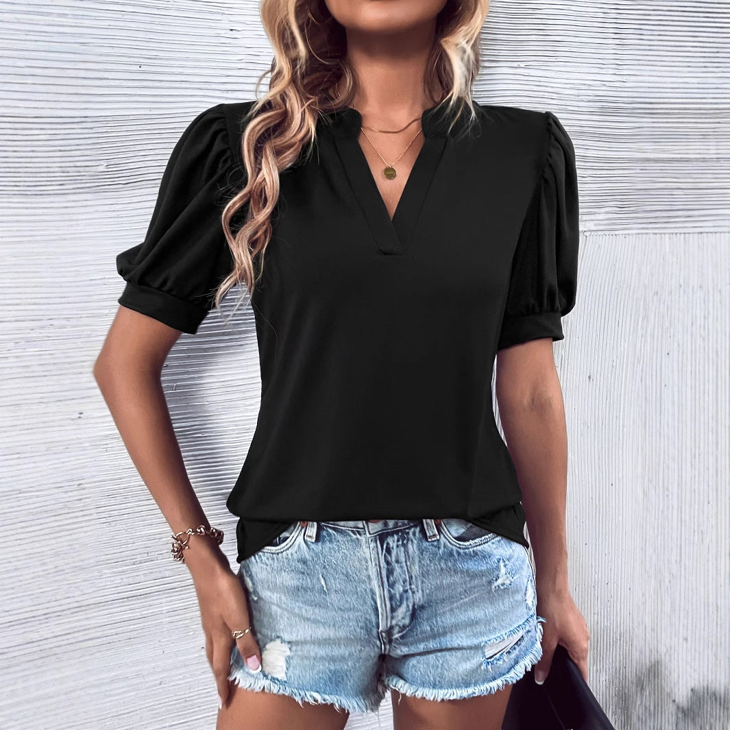 Damen elegantes Blusenshirt mit Puffärmel und V-Ausschnitt R&B
