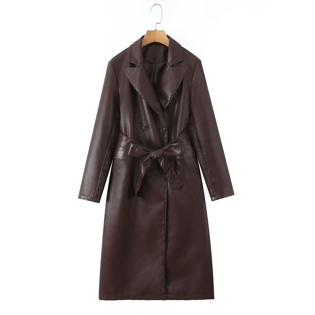 Damen Kunstleder Trenchcoat mit taillierbarem Gürtel und doppelter Knopfleiste R&B