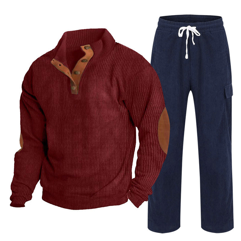 Herren nan Strick-Freizeitset mit Knopfleiste und Ellenbogenaufnähern sowie Cord-Cargohose R&B