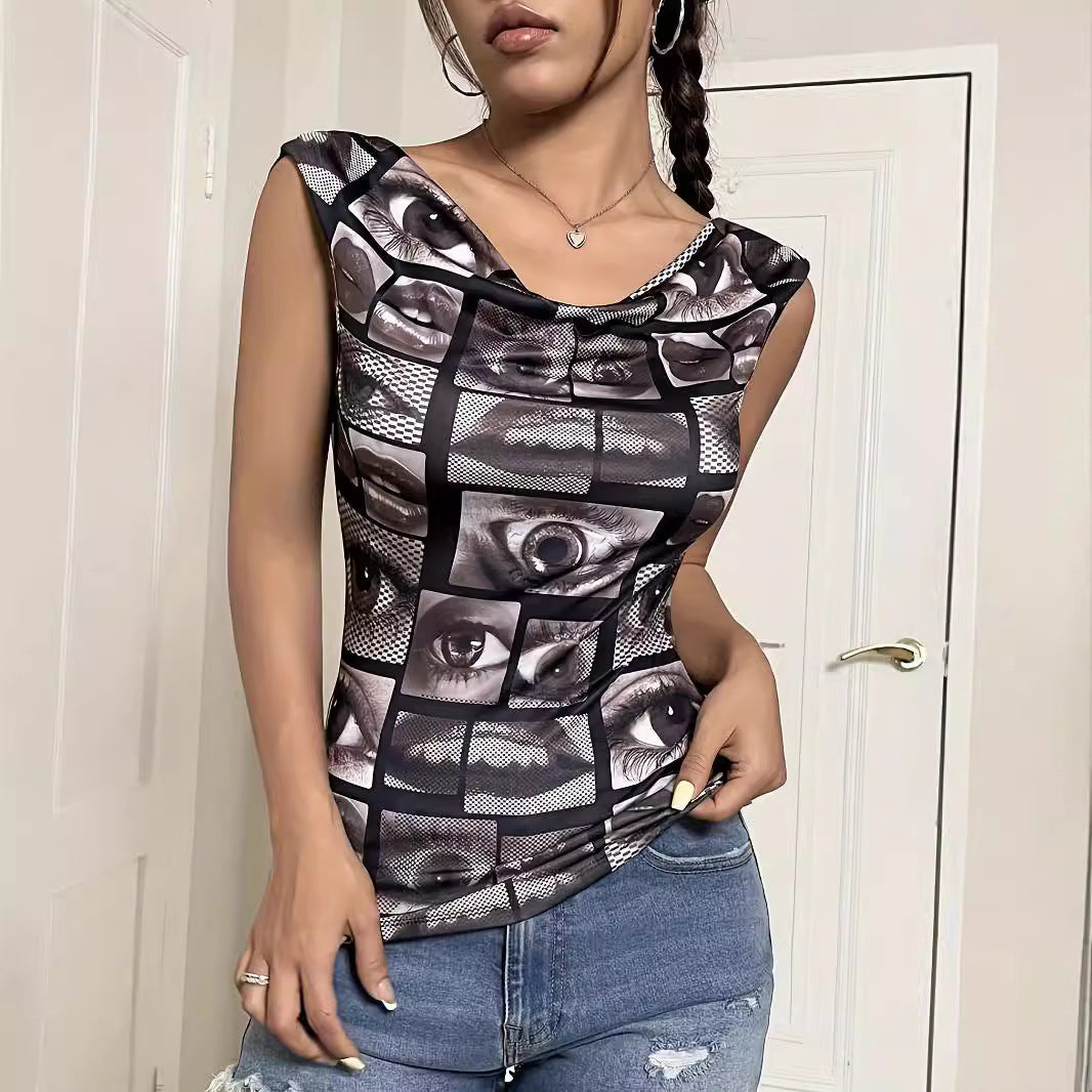 Damen T-Shirt mit kreativem Augendesign und figurbetonter Passform R&B