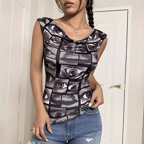 Damen nan tailliertes ärmelloses Jersey-Top mit Wasserfallkragen und collageartigem Gesichtsprint R&B