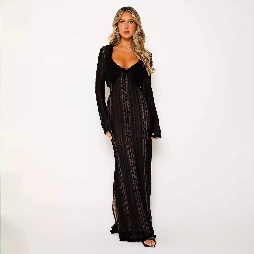 Damen Minikleid mit tiefem V-Ausschnitt und transparentem Rüschendesign R&B