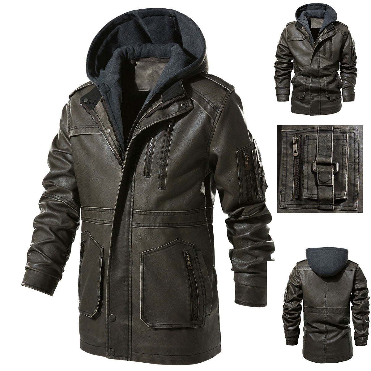 Herren Kunstlederjacke mit versteckter Kapuze R&B