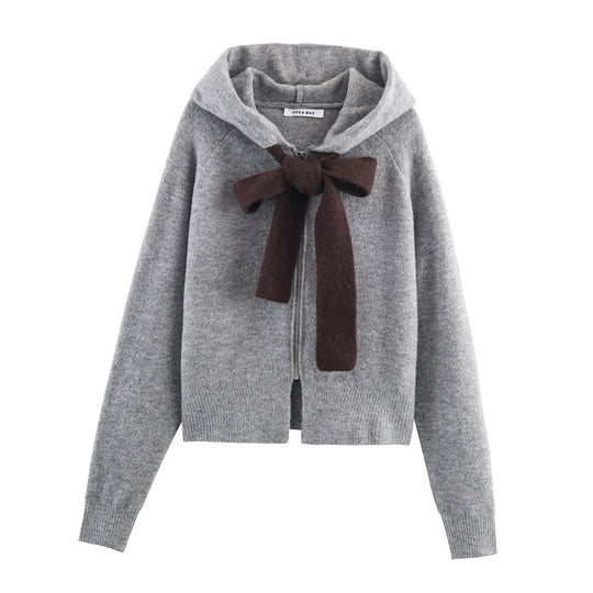 Damen Strickjacke mit Kapuze und dekorativem Schleifenverschluss R&B