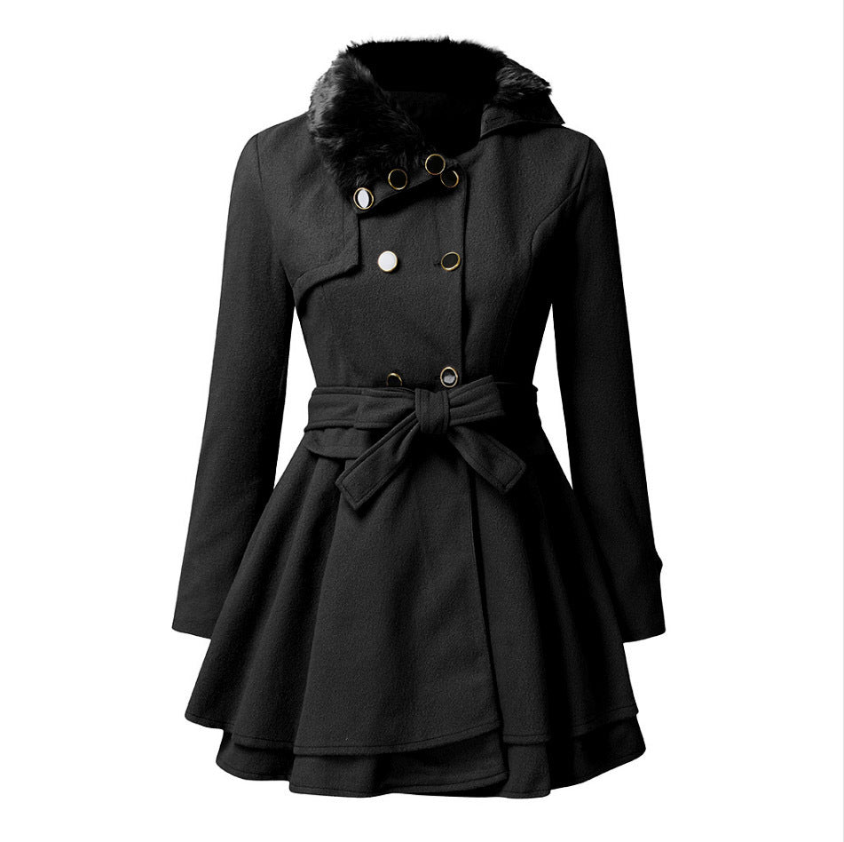 Damen klassischer Mantel mit elegantem Kragen und abnehmbarer Kapuze R&B