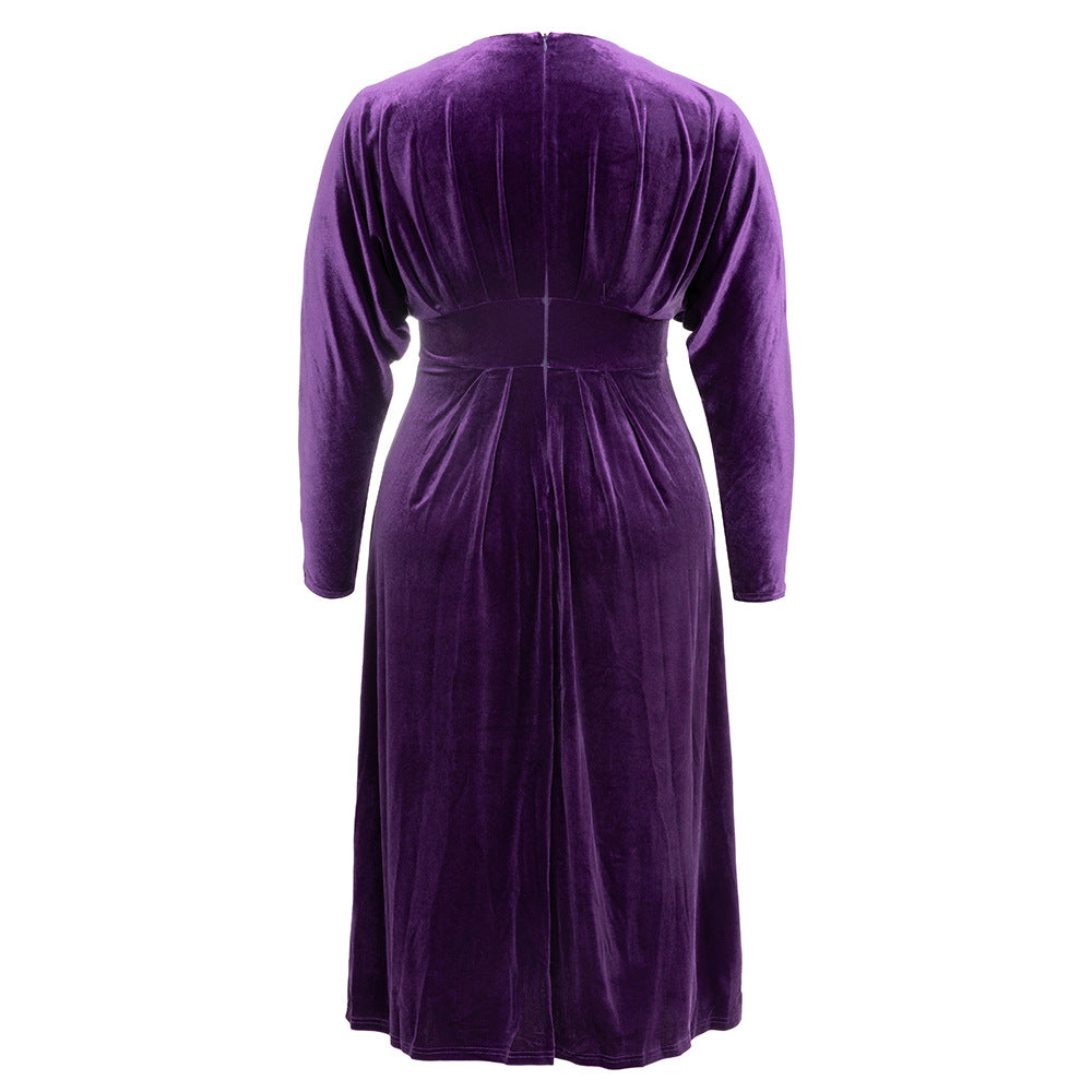 Damen Samt Maxikleid mit elegantem V-Ausschnitt und voluminösen Ärmeln R&B