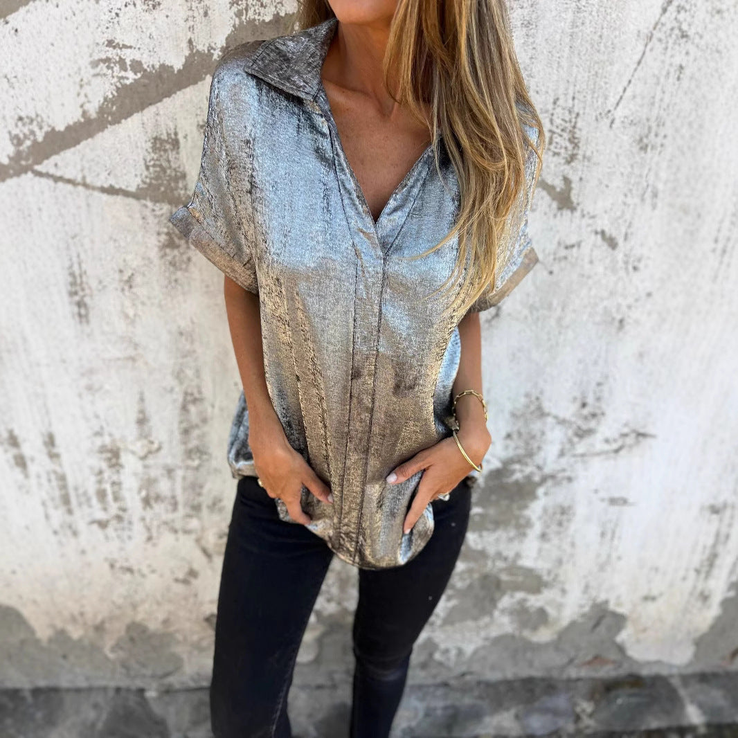 Damen Elegante und lässige Satinbluse mit kurzen Ärmeln