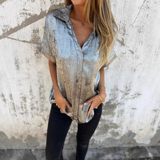 Damen Elegante und lässige Satinbluse mit kurzen Ärmeln R&B