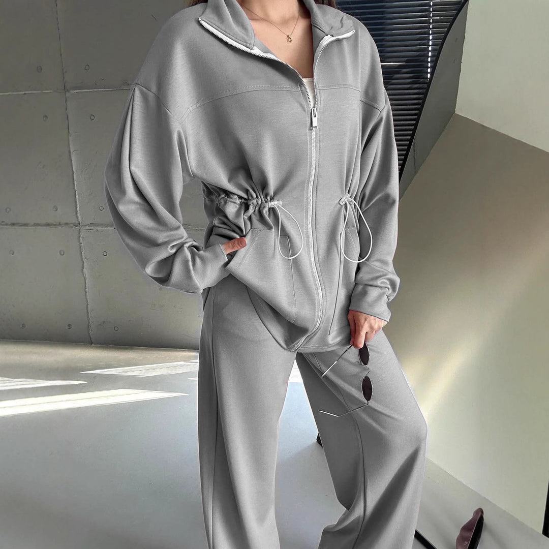 Damen modisches Satin-Sportanzug-Set mit verstellbarem Bund und hohem Kragen R&B