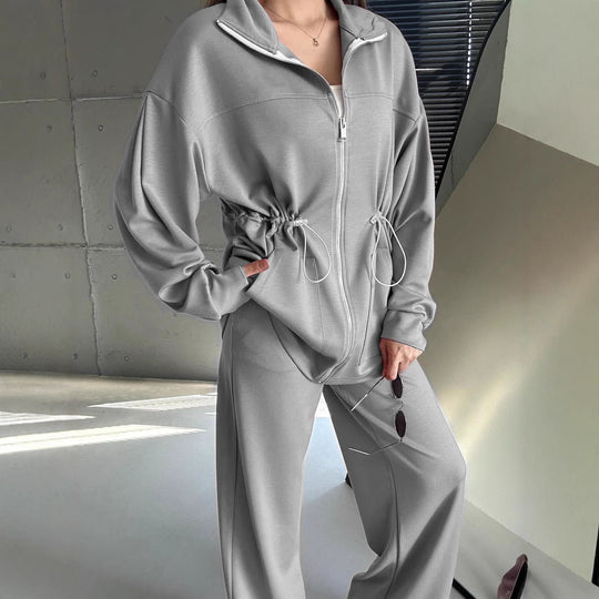 Damen modisches Satin-Sportanzug-Set mit verstellbarem Bund und hohem Kragen R&B
