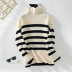 Damen Rollkragenpullover mit Knopfdetails und Streifendesign