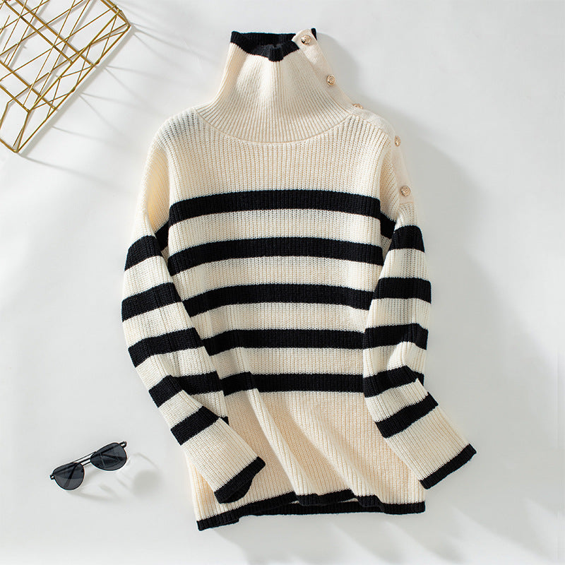 Damen Rollkragenpullover mit Knopfdetails und Streifendesign