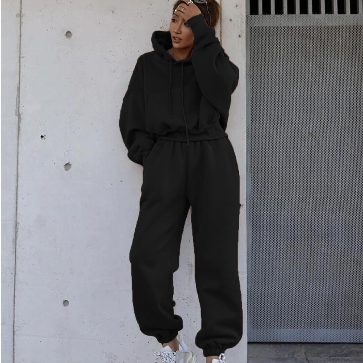Damen bequeme Loungewear-Kombination mit Kapuze und elastischem Bund R&B