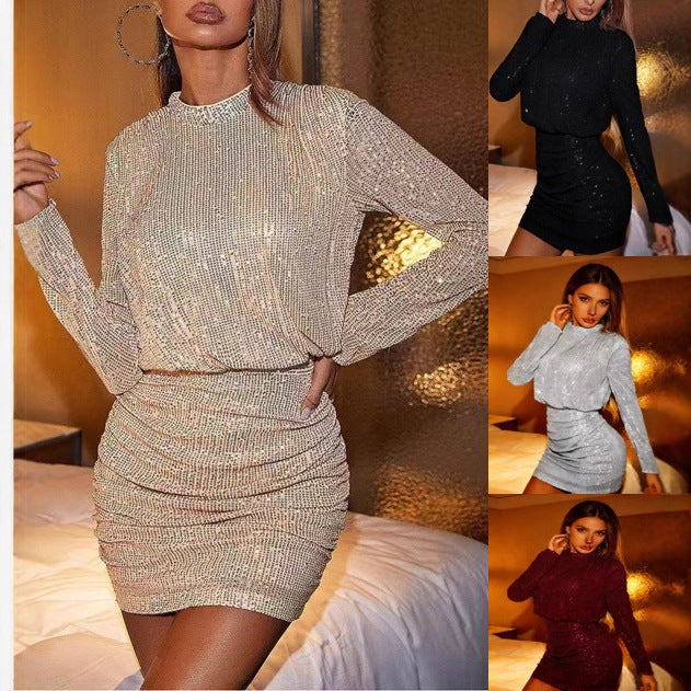 Damen figurbetontes Kurzkleid mit glitzernden Akzenten und langärmeliger Oberteilgestaltung R&B