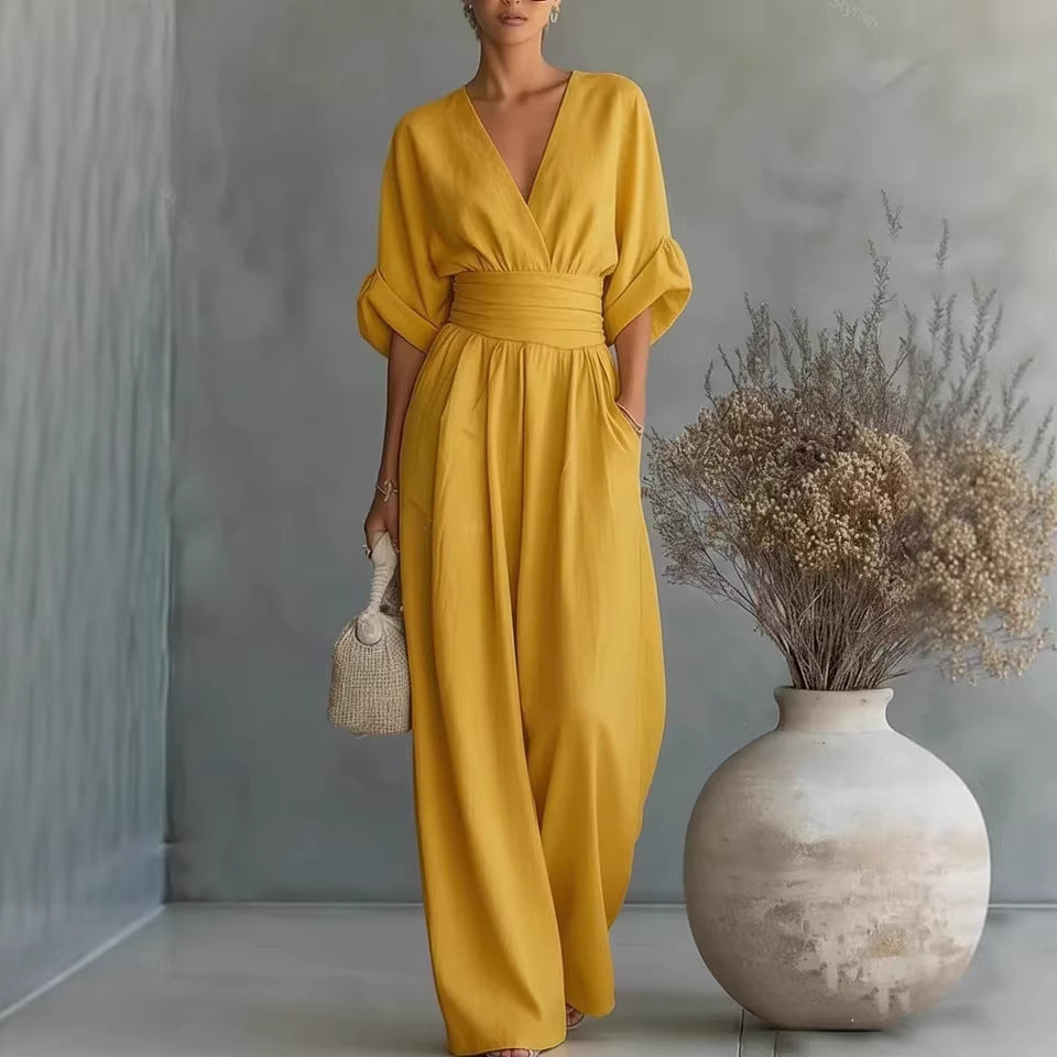 Damen Jumpsuit mit elegantem V-Ausschnitt und weitem Bein R&B