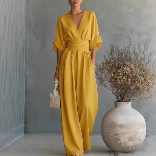 Damen Jumpsuit mit elegantem V-Ausschnitt und weitem Bein R&B