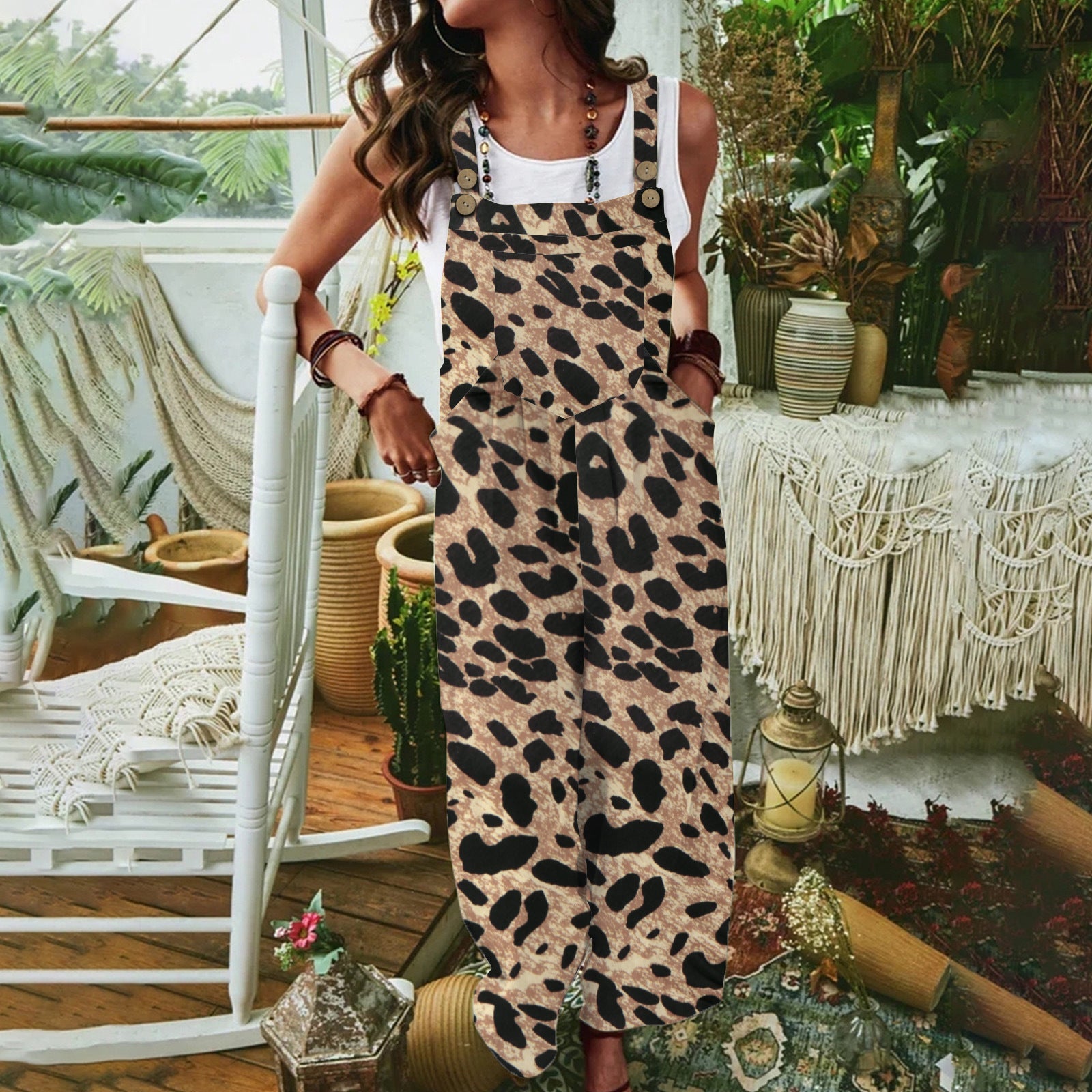 Damen lässiger Jumpsuit mit Tiermuster und praktischen Taschen R&B
