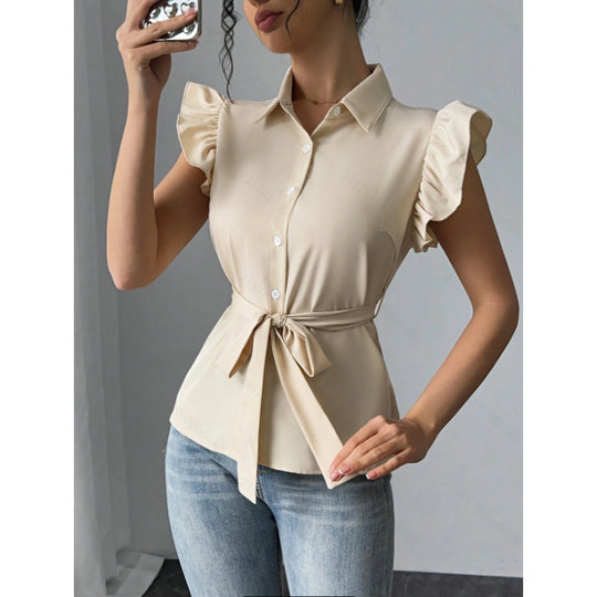 Damen Bluse mit Rüschendetails und Taillengürtel R&B