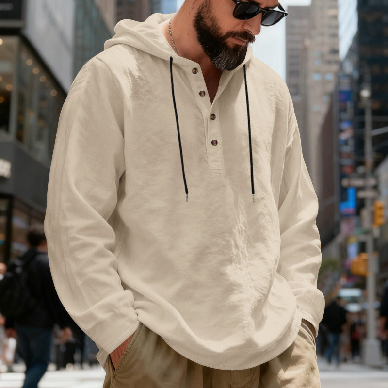 Herren nan leichter Kapuzenshirt mit Knopfleiste aus Leinenmischung und entspanntem Schnitt R&B