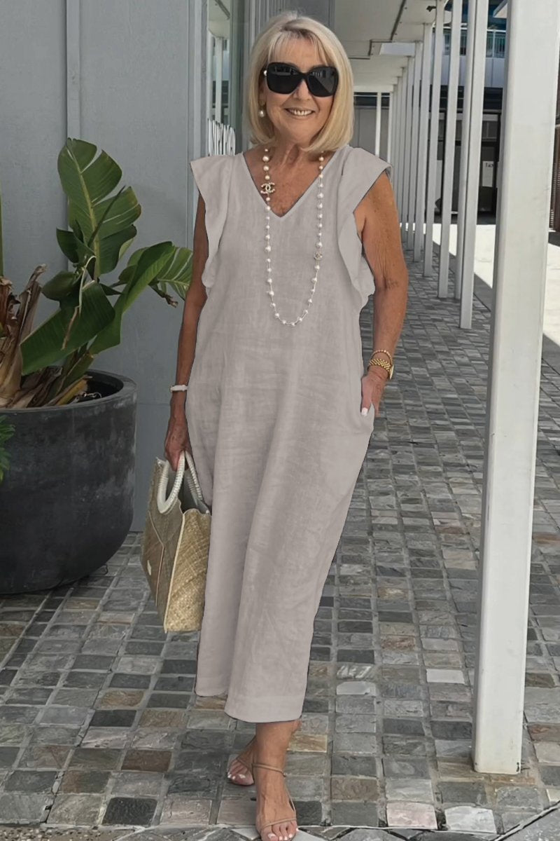Damen Leichtes Maxikleid mit V-Ausschnitt und seitlichen Taschen R&B