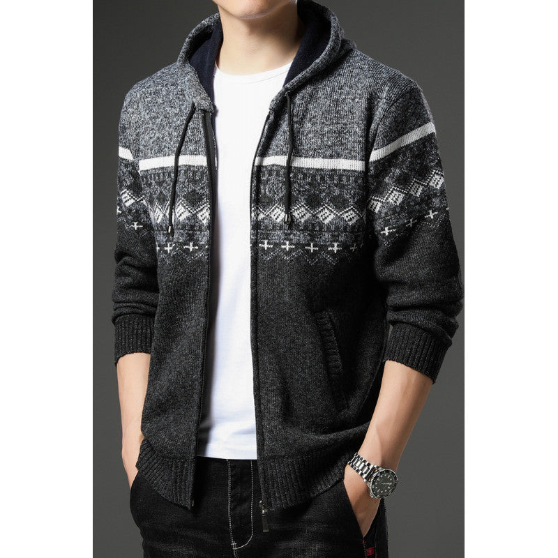 Herren gemusterte Strickjacke mit Kapuze und komfortablem Schnitt R&B