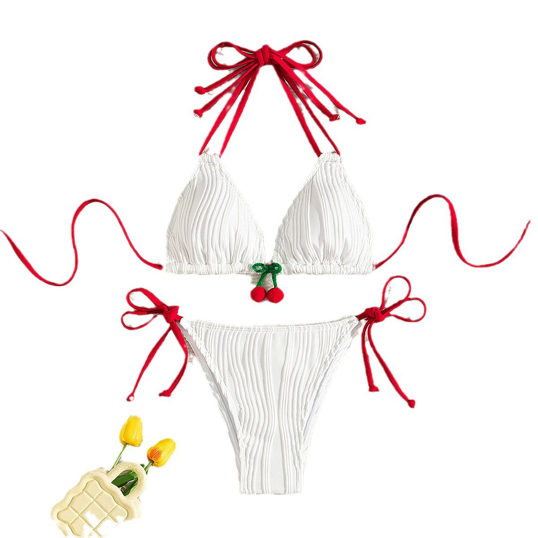 Damen Ripp-Design Triangel-Bikini mit verspieltem Kirschen-Detail R&B