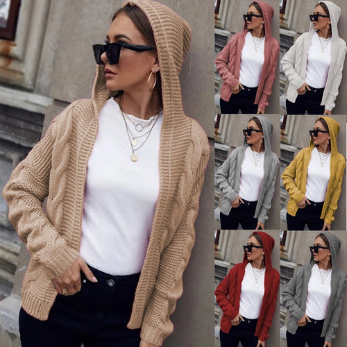 Damen Strickjacke mit Kapuze und dekorativem Kabelmuster R&B