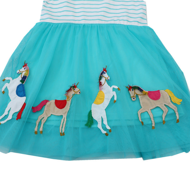 Mädchen Tüllkleid mit buntem Einhorn-Motiv und gestreiftem Oberteil R&B