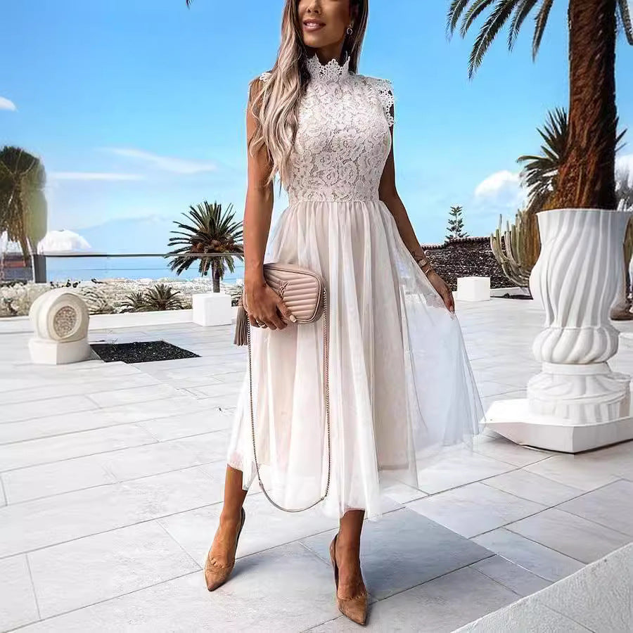 Damen Elegantes Spitzenkleid mit transparentem Rock und hohem Kragen R&B