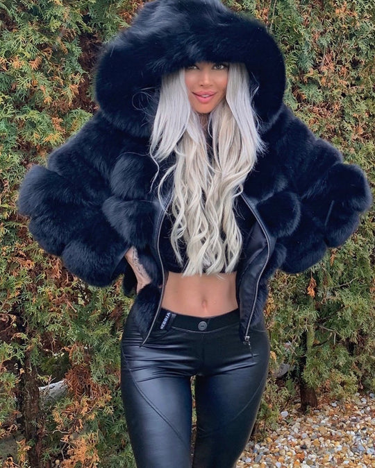 Damen Sportliche Kunstpelzjacke mit Kapuze R&B