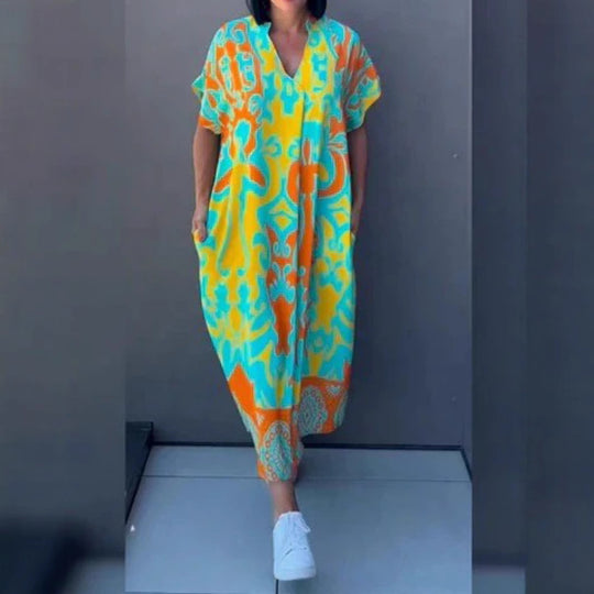 Damen Luftiges Freizeitkleid mit V-Ausschnitt und praktischen Taschen R&B
