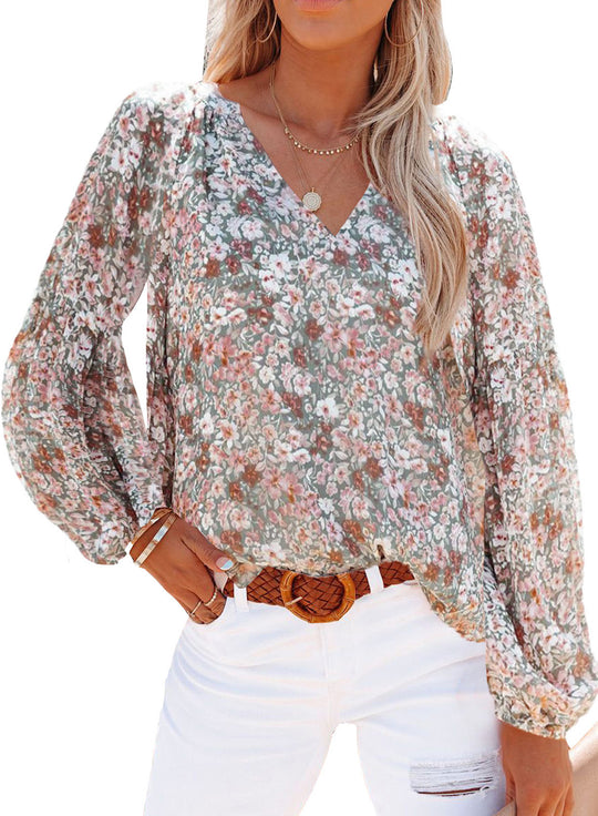 Damen Bluse mit floralen Mustern und V-Ausschnitt R&B