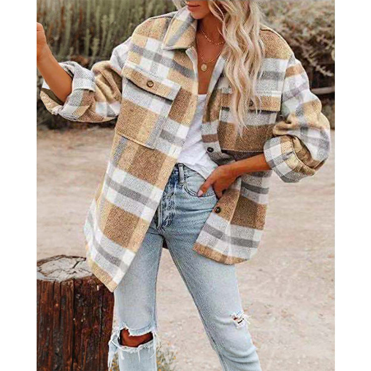 Damen Oversized Hemdjacke mit kariertem Muster und praktischen Taschen R&B
