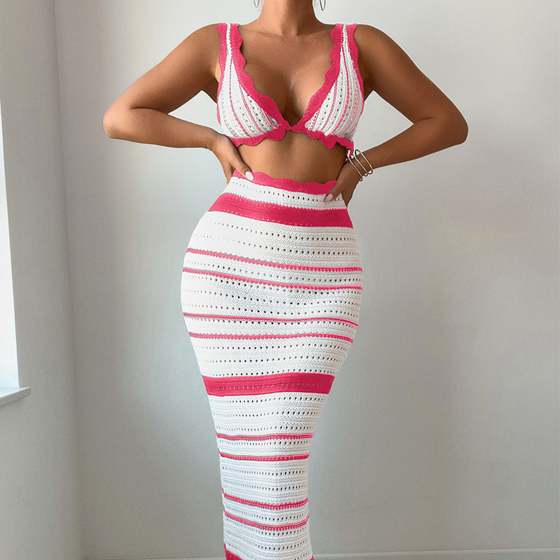 Damen Häkel-Crop-Top und Maxirock Set R&B