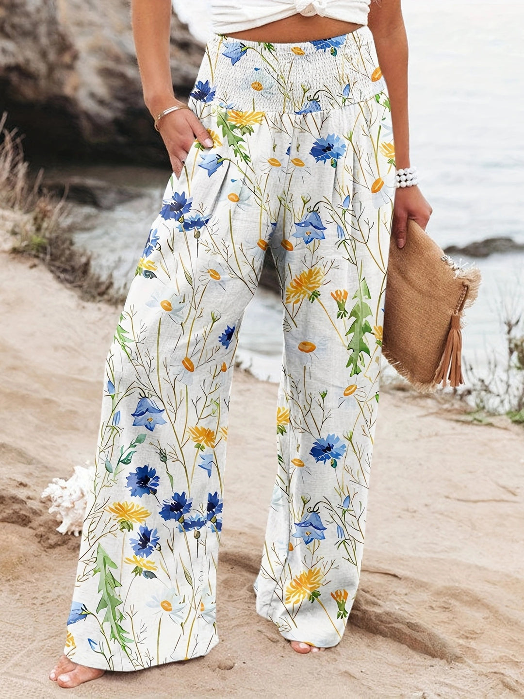 Damen Weit geschnittene Strandhose mit floralem Motiven und elastischem Bund R&B