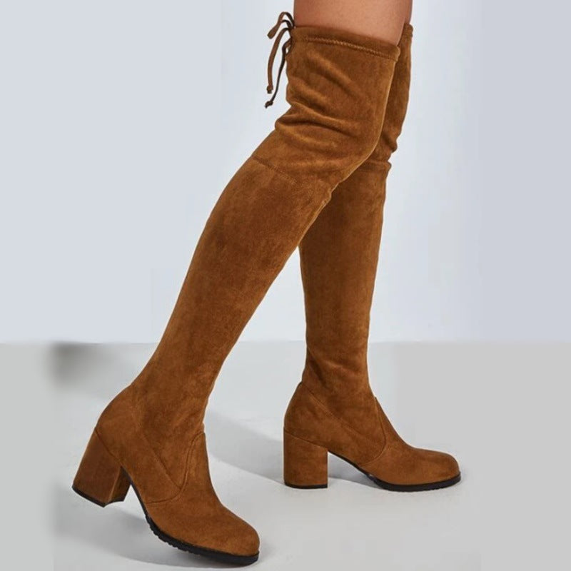 Damen Overkneestiefel mit modischem Blockabsatz und eleganter Schnürung R&B