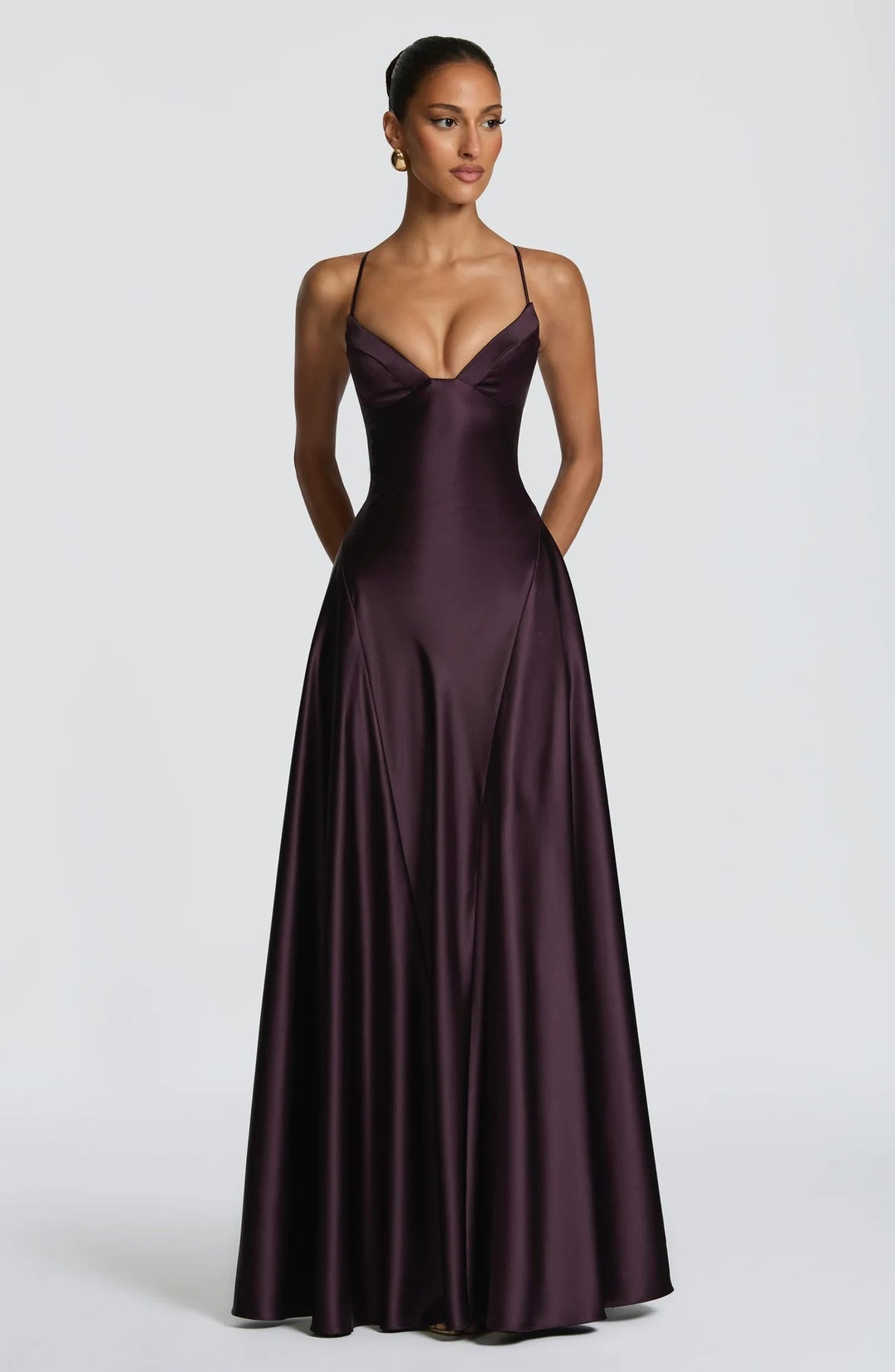 Damen elegantes Satin-Maxikleid mit raffinierten Spaghettiträgern R&B