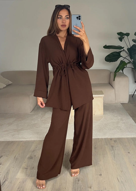 Damen Kimono-Style Lounge-Hose mit Wickeloberteil R&B