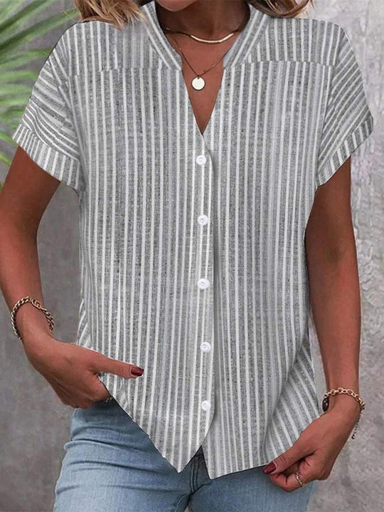 Damen Kurzarm-Bluse mit V-Ausschnitt und Streifenmuster R&B
