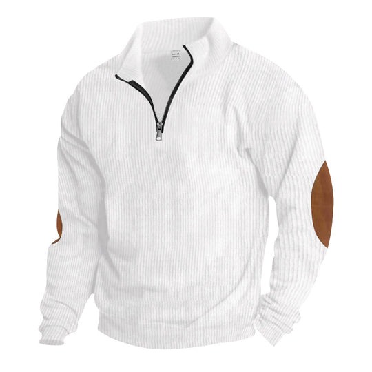 Herren nan gerippter Feinstrick-Pullover mit kurzem Reißverschluss Stehkragen und Lederoptik-Ellbogenpatches R&B
