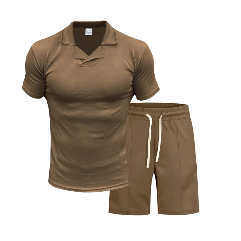 Herren nan kurzärmeliges Polo-Lounge-Set mit V-Einsatz am Kragen und Kordelzug-Bermuda R&B