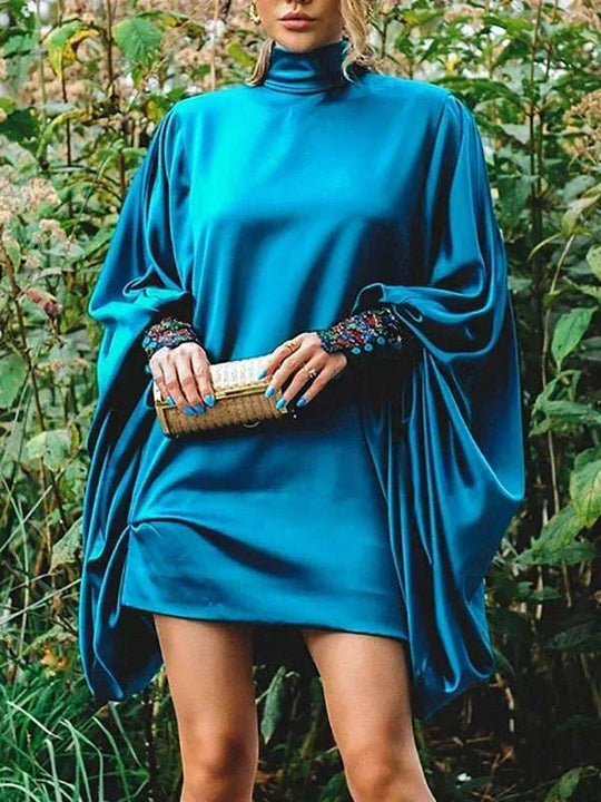 Damen modisches Übergröße Minikleid mit voluminösen Ärmeln und elegantem Stehkragen R&B